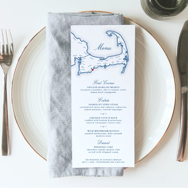 Menu Cape Cod Destination Mariage Marine Blue (These navy blue and white Cape Cod Map Wedding menus are perfect for your wedding at Popponesset inn)