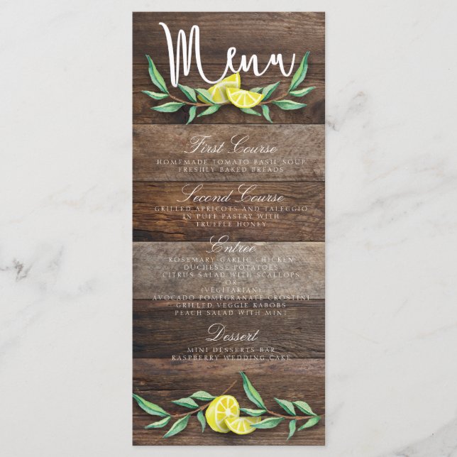 MENU CARD | Rustic Wood Lemon Watercolor Wedding (Front)