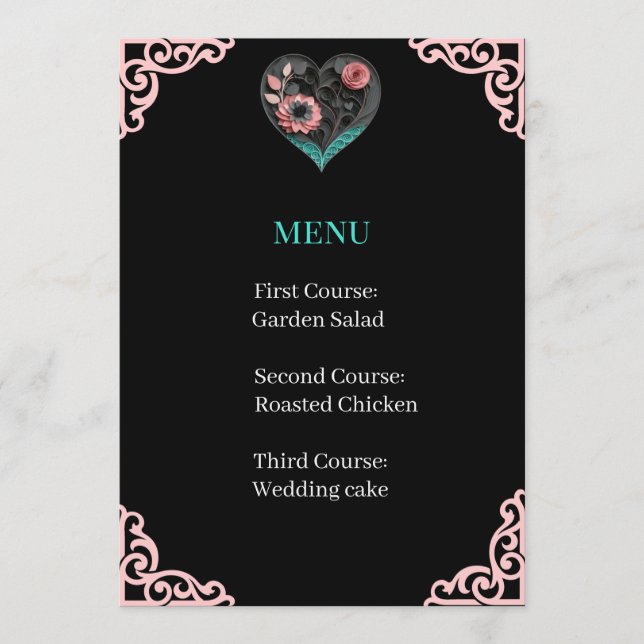 Menu Card Wedding Reception Quilled Heart (Front)