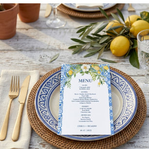 Menu Carreau méditerranéen bleu citron bohème Mariage i