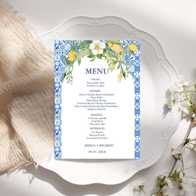 Menu Carreau méditerranéen bleu citron boho Mariage ita (Créateur téléchargé)