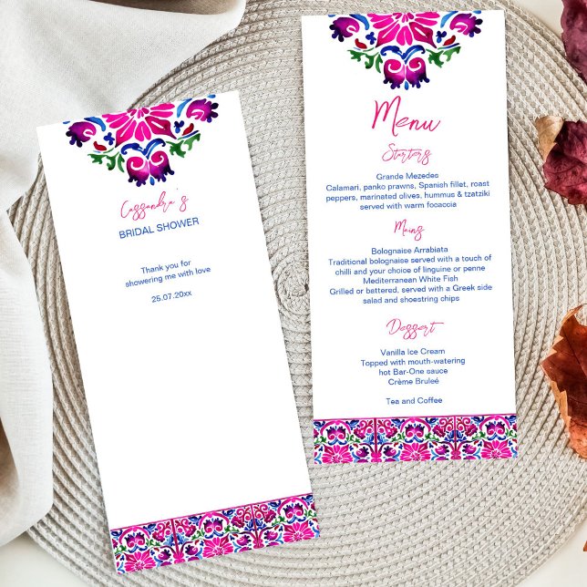 Menu Carreaux de Talavera mexicain bleu rose (Pink magenta blue Mexican Talavera tiles pattern bridal shower wedding menu card bright colorful)