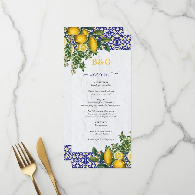 Menu Carrelage bleu blanc jaune méditerranéen Mariage c (Devant/Arrière en situation)