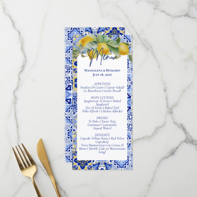 Menu Carrelage bleu italien Citrons Côte Amalfi Mariage (Devant/Arrière en situation)