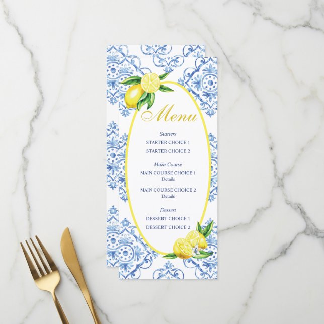 Menu Carrelage Bleu Italien Floral Citron Dîner (Devant/Arrière en situation)