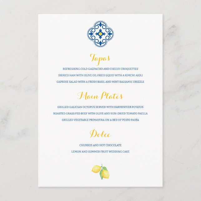 Menu Carrelage méditerranéen Aquarelle Mariage citron (Devant)