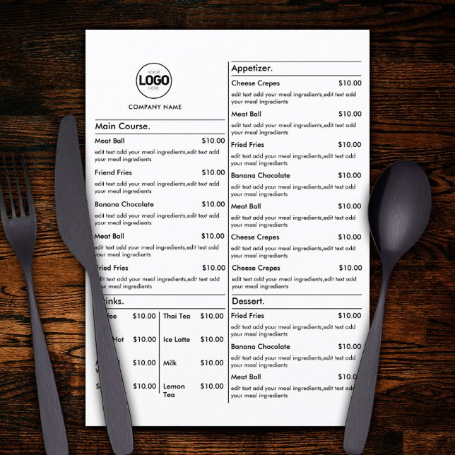 Menu Carte du restaurant blanc Menu plat (Créateur téléchargé)