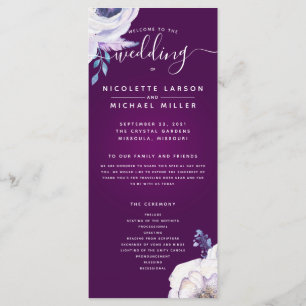 Menu Cassis Navy Blue and Lilac Flowers Wedding Program