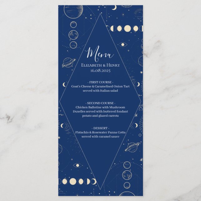 Menu Celestial cosmic ethereal sun moon stars wedding (Devant)
