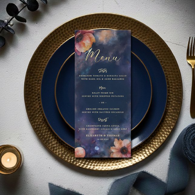 Menu Celestial Floral Galaxy Starry Night Blue Wedding (celestial floral galaxy wedding menu watercolor navy blue starry night written in the stars)