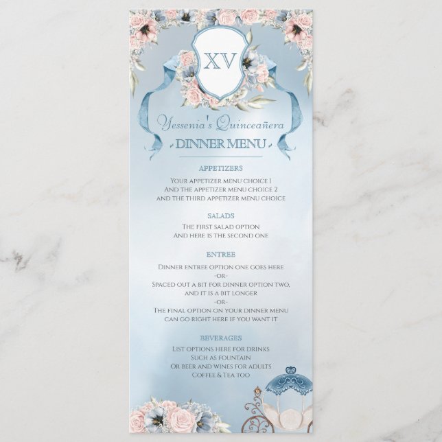 Menu Cendrillon Fairy Tale Elegant Blue Rose Party (Devant)