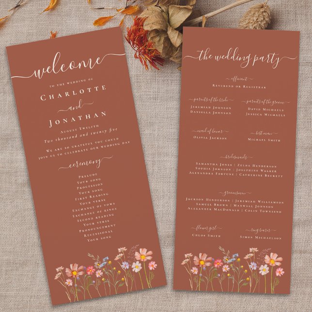 Menu Cérémonie de mariage terracotta Bohème automnale a (Boho fall Wildflower meadow  floral terracotta rust Wedding ceremony program Elegant modern script)