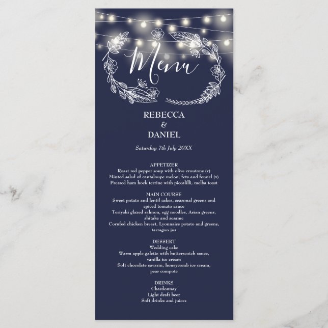 Menu Chaîne éclaire Floral Marine Mariage bleu (Devant)