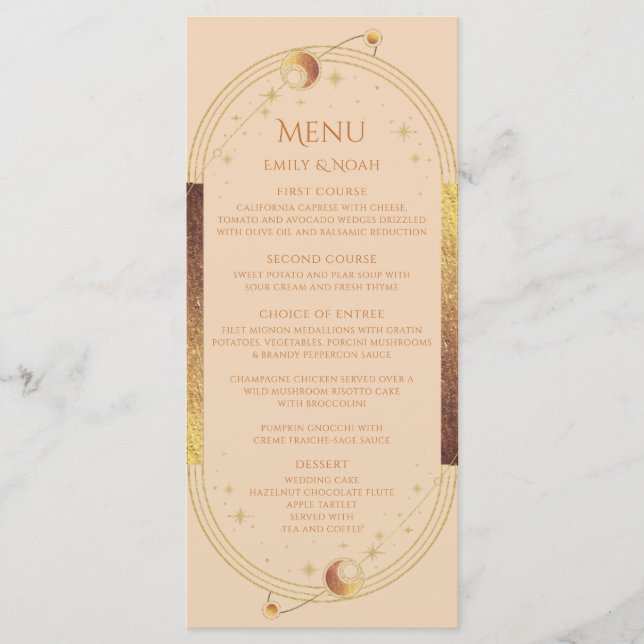 Menu Champagne céleste Gold Sun Moon Stars Mariage (Devant)