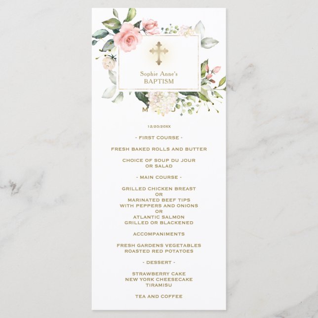 Menu Charme Aquarelle rose Crème Blush Baptême Floral (Devant)