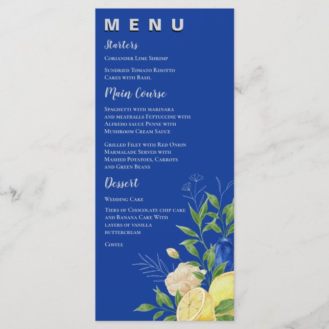 Menu Chic Blue Jaune Floral Lemon Summer Wedding Party (Devant)