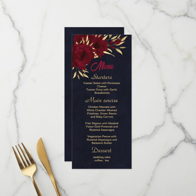 Menu Chic bordeaux et or bleu marine mariage (Devant/Arrière en situation)