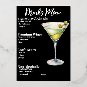 Menu chic de bar pour soirée avec boissons en feui