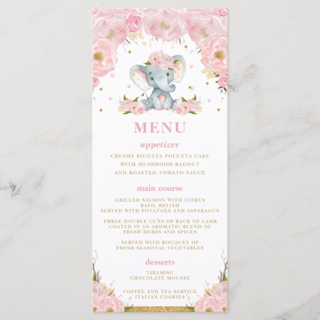 Menu Chic Elephant Blush Rose Floral Baby shower M (Devant)