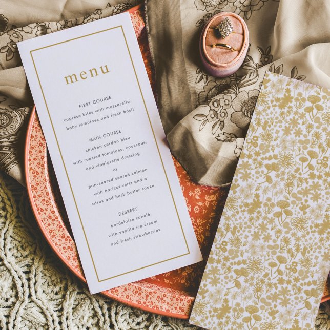 Menu Chic Golden Ditzy Floral Mariage (Ditzy watercolor floral wedding menu.)