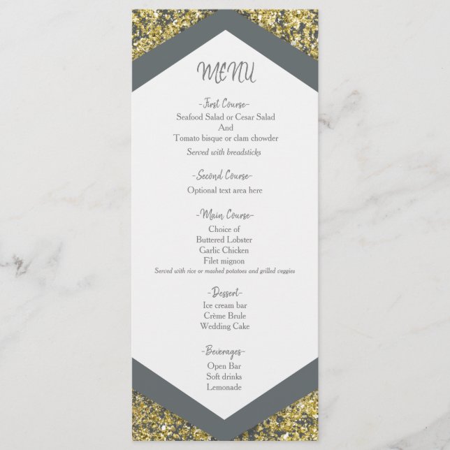 Menu Chic Gris & Or Parties scintillant Flakes Glam Mar (Devant)