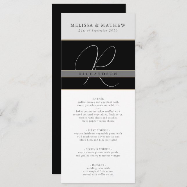 Menu Chic Monogram Charcoal Black Grey Blanc Mariage (Devant / Derrière)