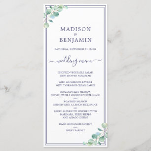 Menu Chic Script Green Foliing Marine Bleu Mariage fron