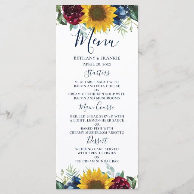 Menu Chic Tournesol Bourgogne Marine Mariage floral ble (Devant)