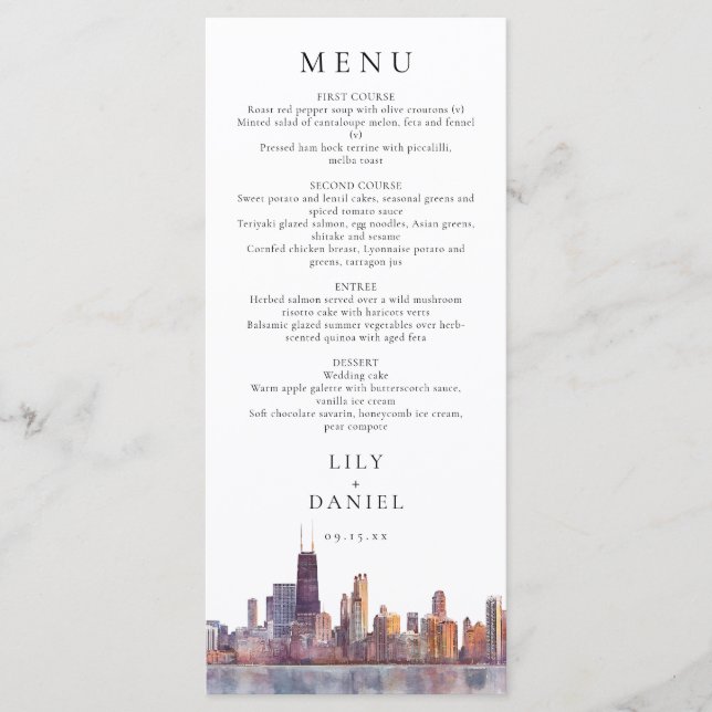Menu Chicago Skyline Watercolor Destination Wedding (Devant)