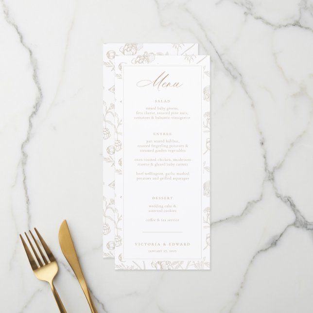 Menu Chinoiserie beige Mariage floral (Devant/Arrière en situation)