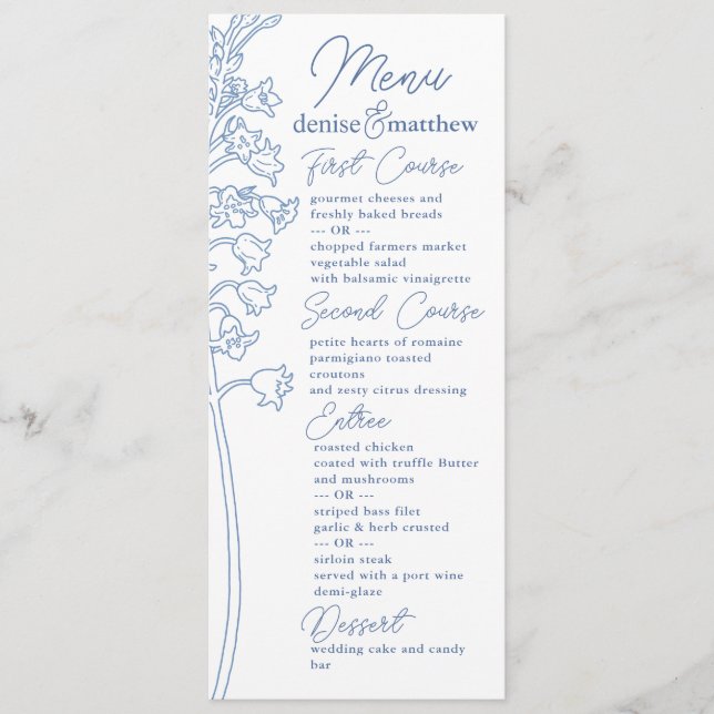 Menu Chinoiserie Bleu Élégante Pagode et Toile Florale (Devant)