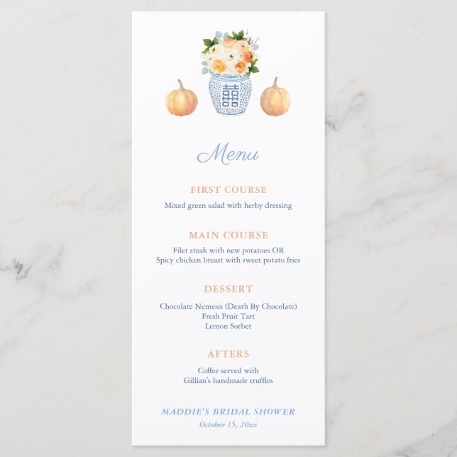Menu Chinoiserie Chic Citrouille Automne Wedding shower (Devant)
