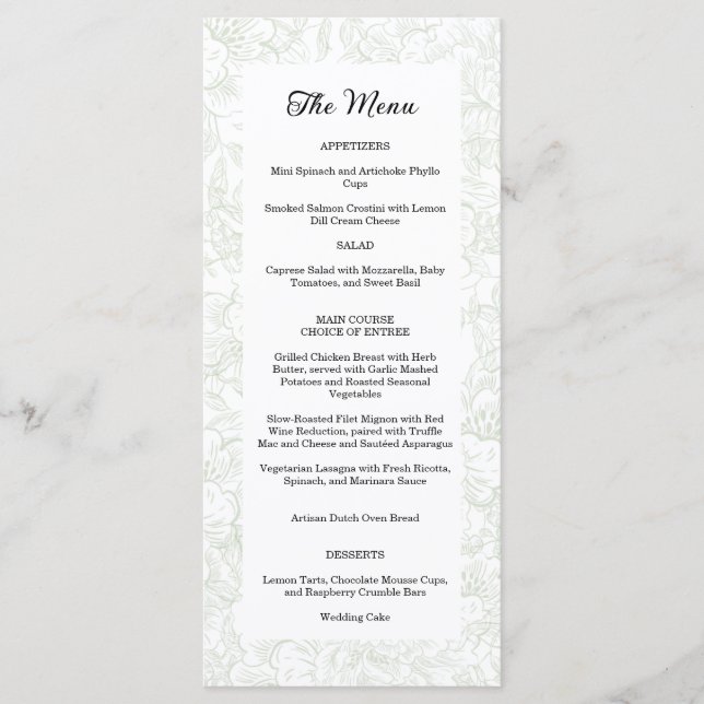 Menu Chinoiserie Green Sage Peony Mariage (Devant)