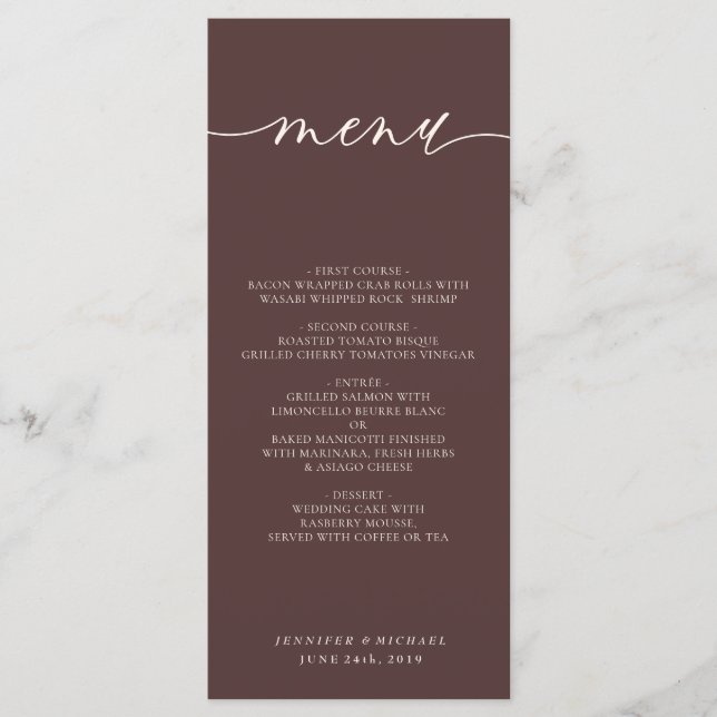 Menu Chocolate Brown Simple Script Wedding Dinner (Devant)