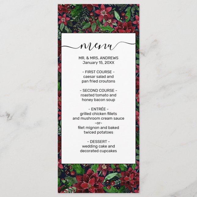 Menu Christmas Burgundy Poinsettia Flowers Watercolor (Devant)