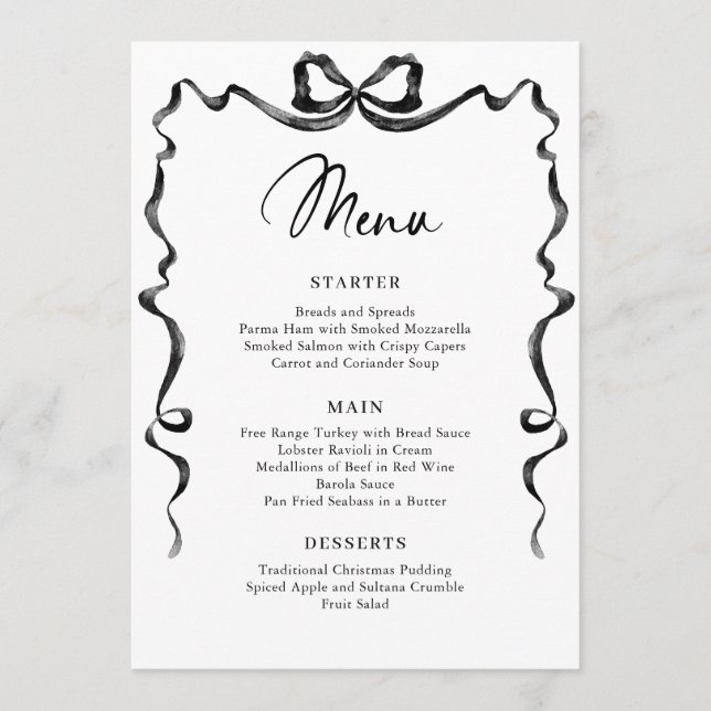 Menu Christmas Whimsical Funky Black Bow Dinner Party (Devant)