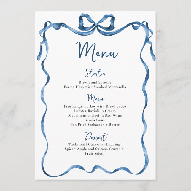Menu Christmas Whimsical Funky Blue Bow Dinner Party (Devant)