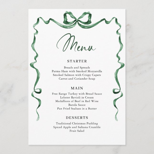 Menu Christmas Whimsical Funky Green Bow Dinner Party (Devant)