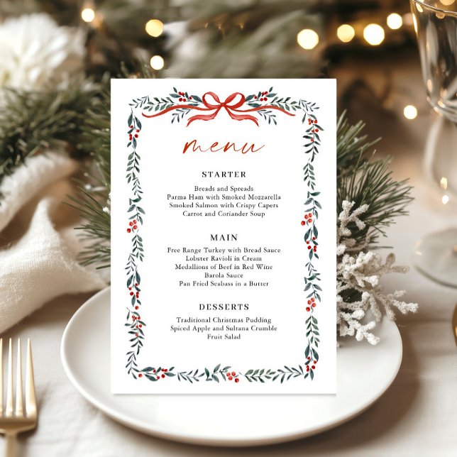 Menu Christmas Whimsical Red Bow Wreath Dinner Party (Créateur téléchargé)