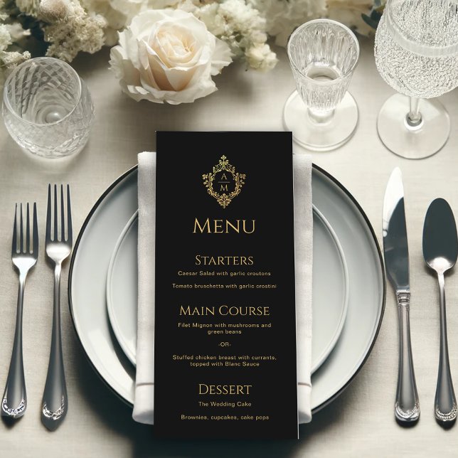 Menu Cimier Noir Faux Or Mariage élégant Monogramme (Créateur téléchargé)