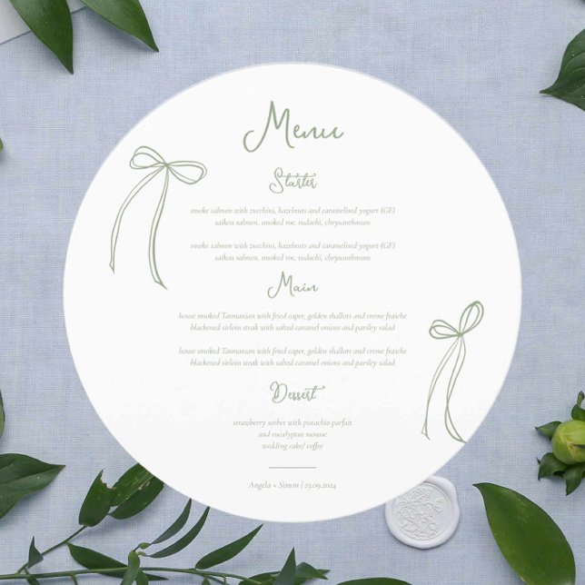 Menu Circulaire Mariage verte Whimsical Bow Sage (Créateur téléchargé)