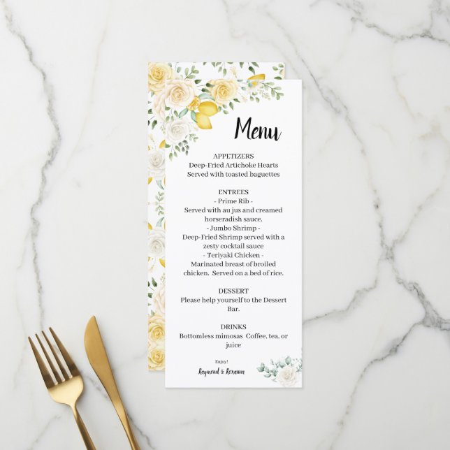 Menu Citrons et Fêtes des mariées Mariages Rose (Devant/Arrière en situation)