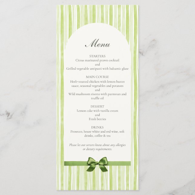 Menu Citrus Green Striped Retro Wedding (Devant)