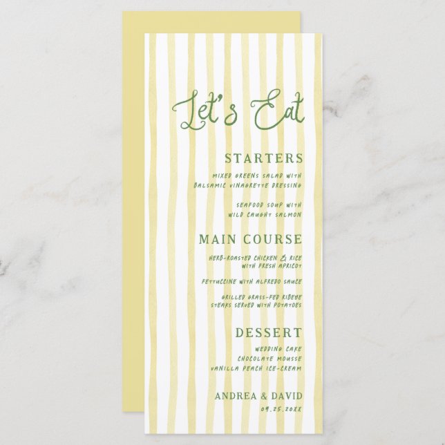 Menu Citrus Yellow Stripe Handwriting Island Wedding (Devant / Derrière)