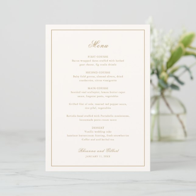Menu Classic Border Ivory and Gold Timeless Wedding (Debout devant)