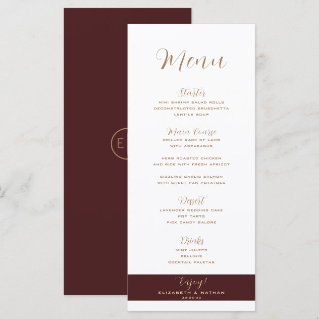 Menu Classic minimaliste Mariage Bourgogne & Or (Devant / Derrière)