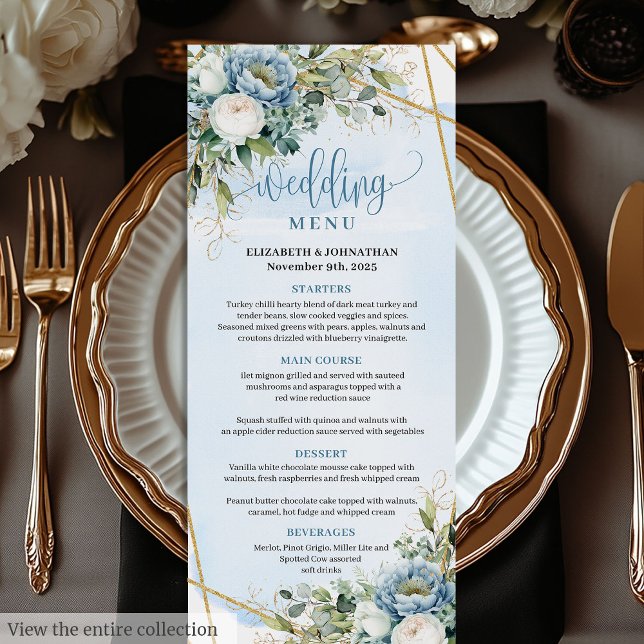 Menu Classic Pastel Blue Peonies Gold Parties scintilla (Classic Pastel Blue Peonies Gold Glitter Dinner Menu

)