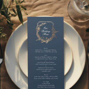 Menu classique marine or botanique motif crest Mariage