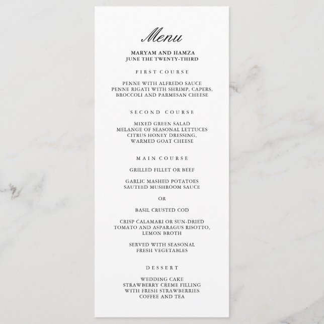 Menu Classique Soir De Mariage Élégant (Devant)
