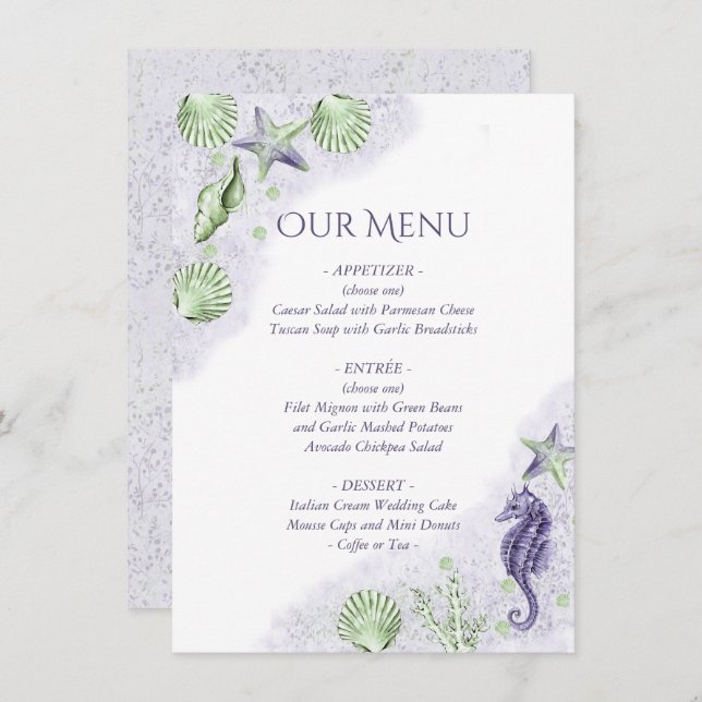 Menu Coastal Chic | Mariage nautique pourpre et vert (Devant / Derrière)